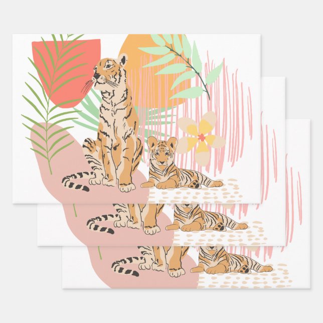 Feuille De Papier Cadeau Tiger Maman et bébé dans la jungle (Lot)