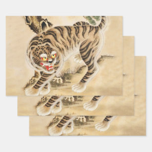 Feuille De Papier Cadeau Tigre Minhwa vintage sous un pin