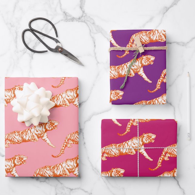 Feuille De Papier Cadeau Tigre orange clair rose violet moderne (Recto)
