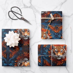 Feuille De Papier Cadeau Tigre vif aux motifs floraux
