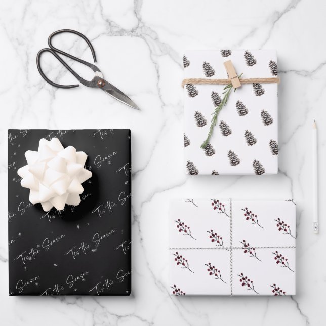 Feuille De Papier Cadeau 'Tis Season Pinecone Berry Motifs (Recto)