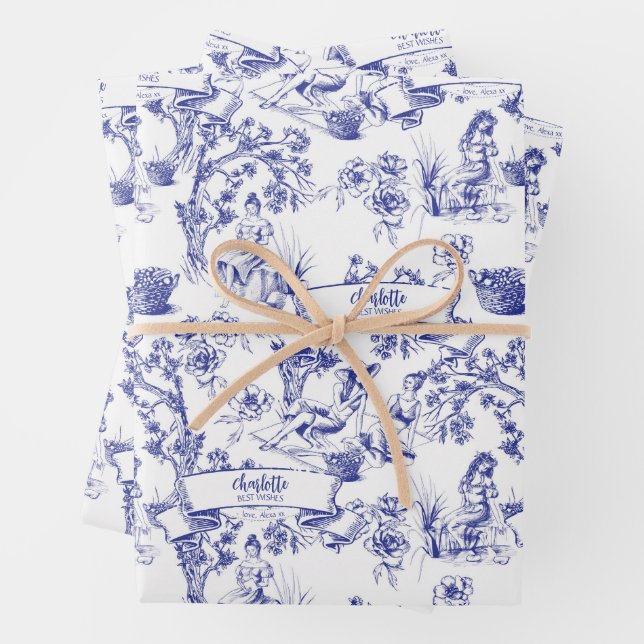 Feuille De Papier Cadeau Toile bleue et blanche (En situation)