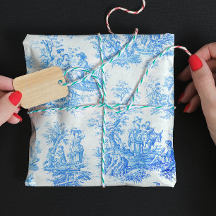 Feuille De Papier Cadeau Toile de Jouy florale turquoise bleue vintage