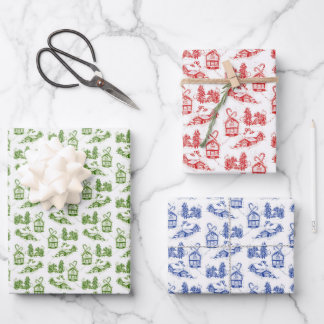 Feuille De Papier Cadeau Toile de Noël neige | bleu vert et rouge