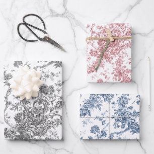 Feuille De Papier Cadeau Toile Florale Grille-Gris, Rose, Bleu