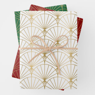 Feuille De Papier Cadeau Tons dorés motif Art Déco sur fond blanc, rouge, v