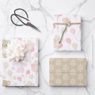 FEUILLE DE PAPIER CADEAU TONS PASTEL DES ÉTOILES NOUNOURS ROSE & TONNE