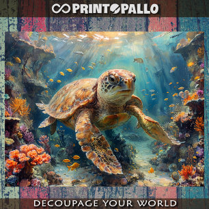 Feuille De Papier Cadeau Tortue caouanne plongeant dans un récif - Découpag