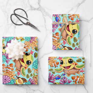 Feuille De Papier Cadeau Tortue de mer Bébé heureux et mignonne personnage
