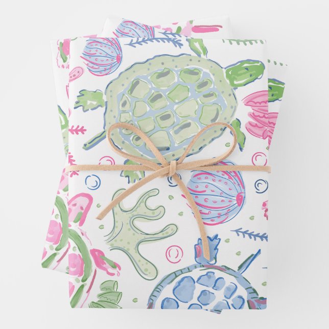 Feuille De Papier Cadeau Tortues de mer à l'aquarelle Océan Côtiers (En situation)