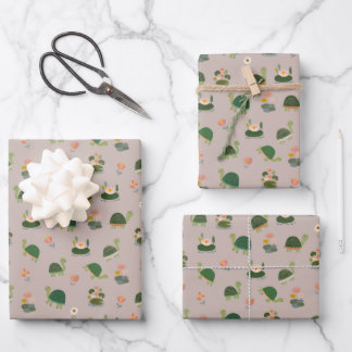 Feuille De Papier Cadeau Tortues & nénuphars sur fond brun clair
