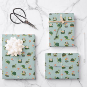 Feuille De Papier Cadeau Tortues & nénuphars sur fond vert pistache