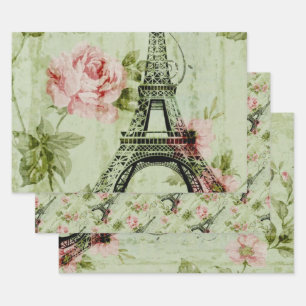 Feuille De Papier Cadeau tour de l' eiffel de paris à fleurs roses de print