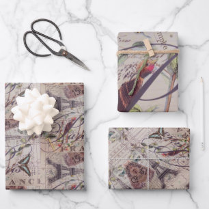 Feuille De Papier Cadeau Tour Eiffel botanique oiseau français vintage Pari