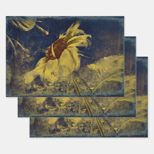 Feuille De Papier Cadeau Tournesol Jaune Bleu Sketch Art Vintage Antique