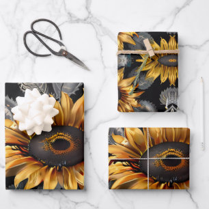 Feuille De Papier Cadeau Tournesol jaune et argenté avec fond vert