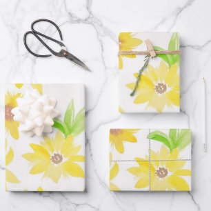 Feuille De Papier Cadeau Tournesols Aquarelle Motif Vert Jaune   