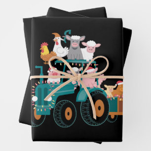 Feuille De Papier Cadeau Tracteur de Noël Ferme Funny Vacances