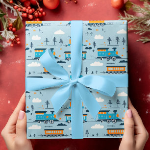 Feuille De Papier Cadeau Train de Noël et arbres