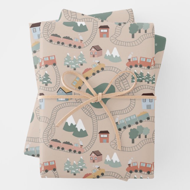 Feuille De Papier Cadeau Trains colorés mignons sur les rails de train Moti (En situation)