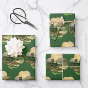 Feuille De Papier Cadeau Trèfle doré chanceux vintage avec un château irlan