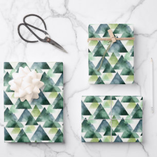 Feuille De Papier Cadeau Triangles verts et bleus sur fond blanc