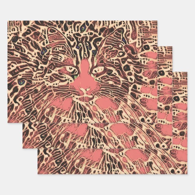 Feuille De Papier Cadeau Tribal Cute Tabby Chat Rose Brown Hippie mosaïque  (Lot)