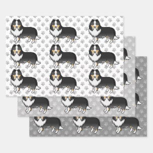 Feuille De Papier Cadeau Tricolor Shetland Sheepdog Cartoon Motif
