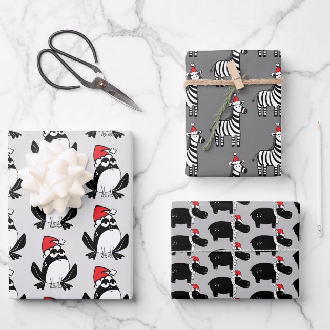 Feuille De Papier Cadeau Trio animal de Noël lunatique (Recto)