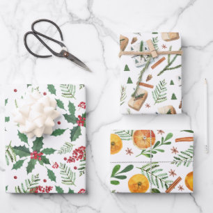 Feuille De Papier Cadeau Trio de Noël - Oranges, Baies Selles, & Présenta