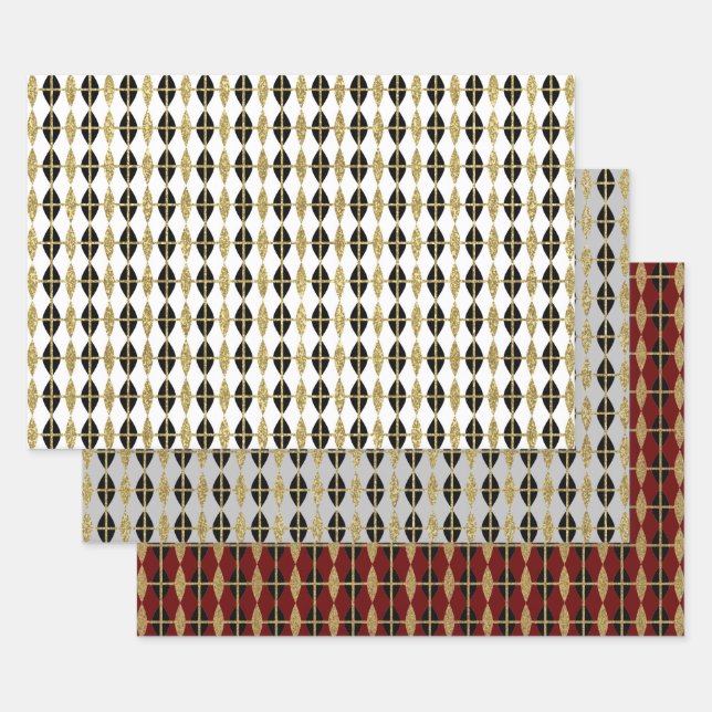Feuille De Papier Cadeau Trio Diamond & Gold Grid II (Lot)