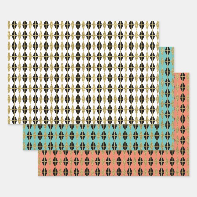 Feuille De Papier Cadeau Trio Diamond & Gold Grid III (Lot)