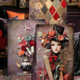 Feuille De Papier Cadeau Trio Élégant Chapeau Arlequin Rose Rouge