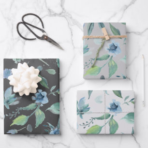 Feuille De Papier Cadeau Trio floral bleu aquarelle sur gris