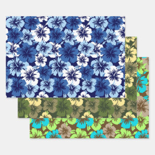 Feuille De Papier Cadeau Trio floral hawaïen épopé Hibiscus - Bleu et ol