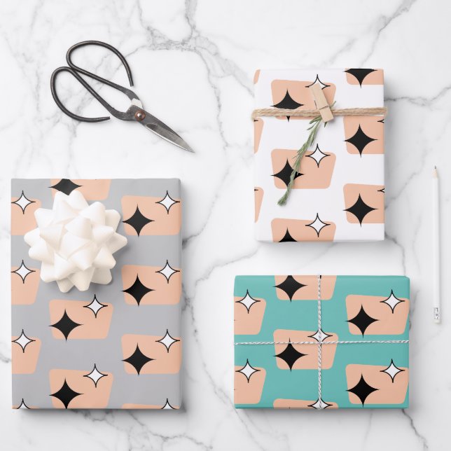 Feuille De Papier Cadeau Trio Motif Rétro Diamants Atomique (Recto)