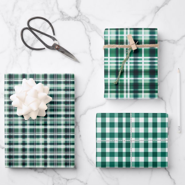 Feuille De Papier Cadeau Trio Plaid vert et blanc (Recto)
