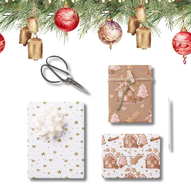 Feuille De Papier Cadeau Trio rose Brown pain d'épices Maisons Étoiles cann (Créateur téléchargé)