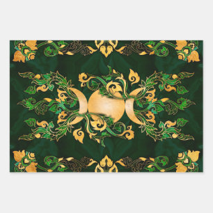 Feuille De Papier Cadeau Triple Lune - Triple Déesse Malachite et Or