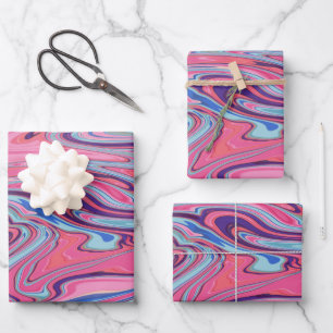 Feuille De Papier Cadeau Trippy Abstrait Marbled Art en bleu et rose