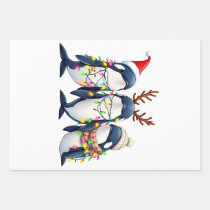 Feuille De Papier Cadeau Trois baleines portent le chapeau de Noël