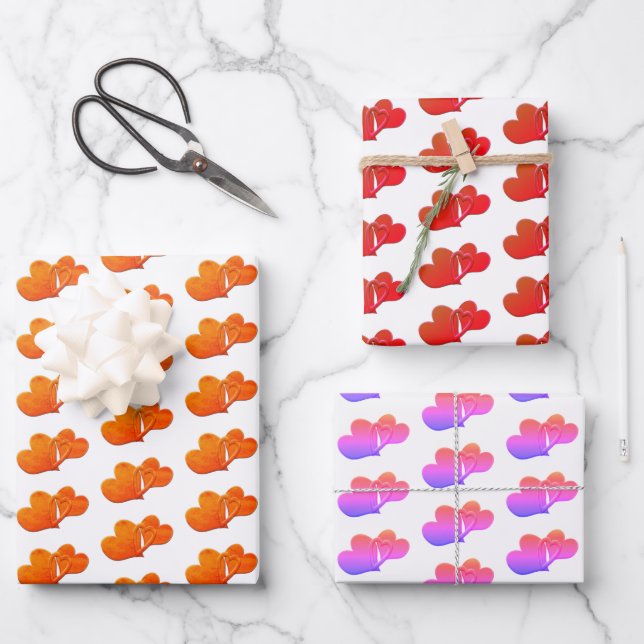 Feuille De Papier Cadeau Trois Motif Coeur Lié Sur Blanc (Recto)