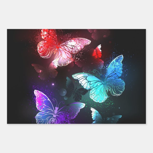 Feuille De Papier Cadeau Trois papillons brillants sur l'arrière - plan de  (Devant)