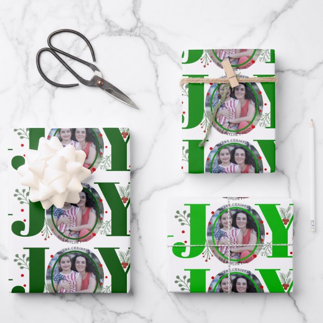 Feuille De Papier Cadeau Trois tons vert Joie Noël photo de vacances (Recto)
