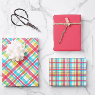 Feuille De Papier Cadeau Tropical - Corail, Bleu, Chartreuse, Carreaux Jaun