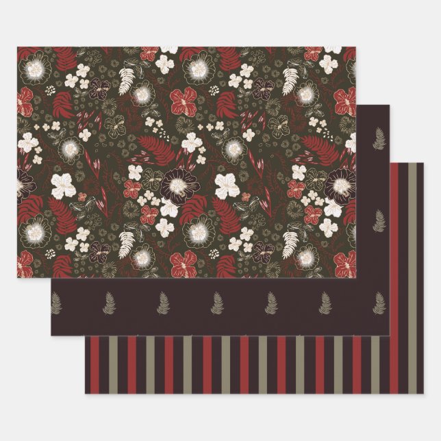 Feuille De Papier Cadeau Tropical Hibiscus, Palm, Stripe Red Sage Christmas (Lot)
