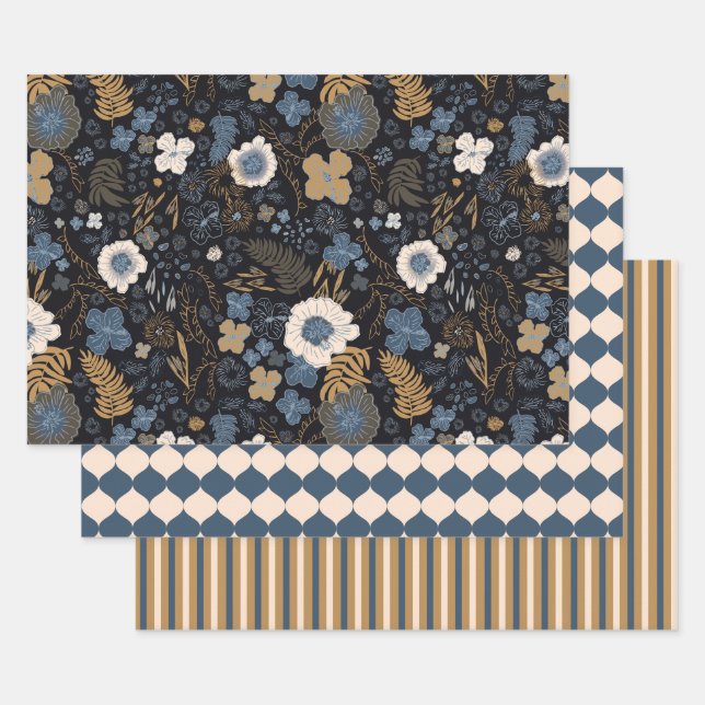 Feuille De Papier Cadeau Tropical Hibiscus, Stripes, Ornaments Blue Holiday (Lot)