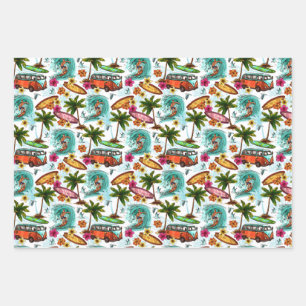 Feuille De Papier Cadeau Tropical Ocean Summer Surfer Kombi Van Adventure