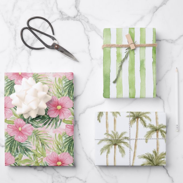 Feuille De Papier Cadeau Tropical rose floral vert rayures Mariage (Recto)