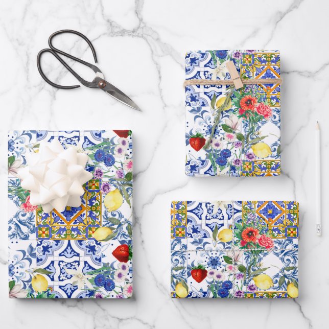 Feuille De Papier Cadeau tuiles méditerranéennes, citron, fleurs, majolica, (Recto)